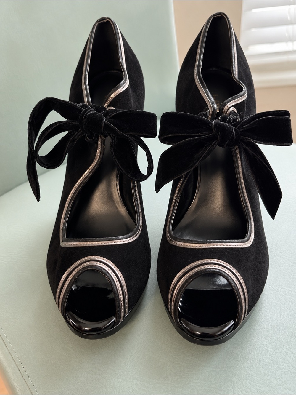 Talbots Black Suede Peep-Toe Heels with Metallic Trim-Size 8B